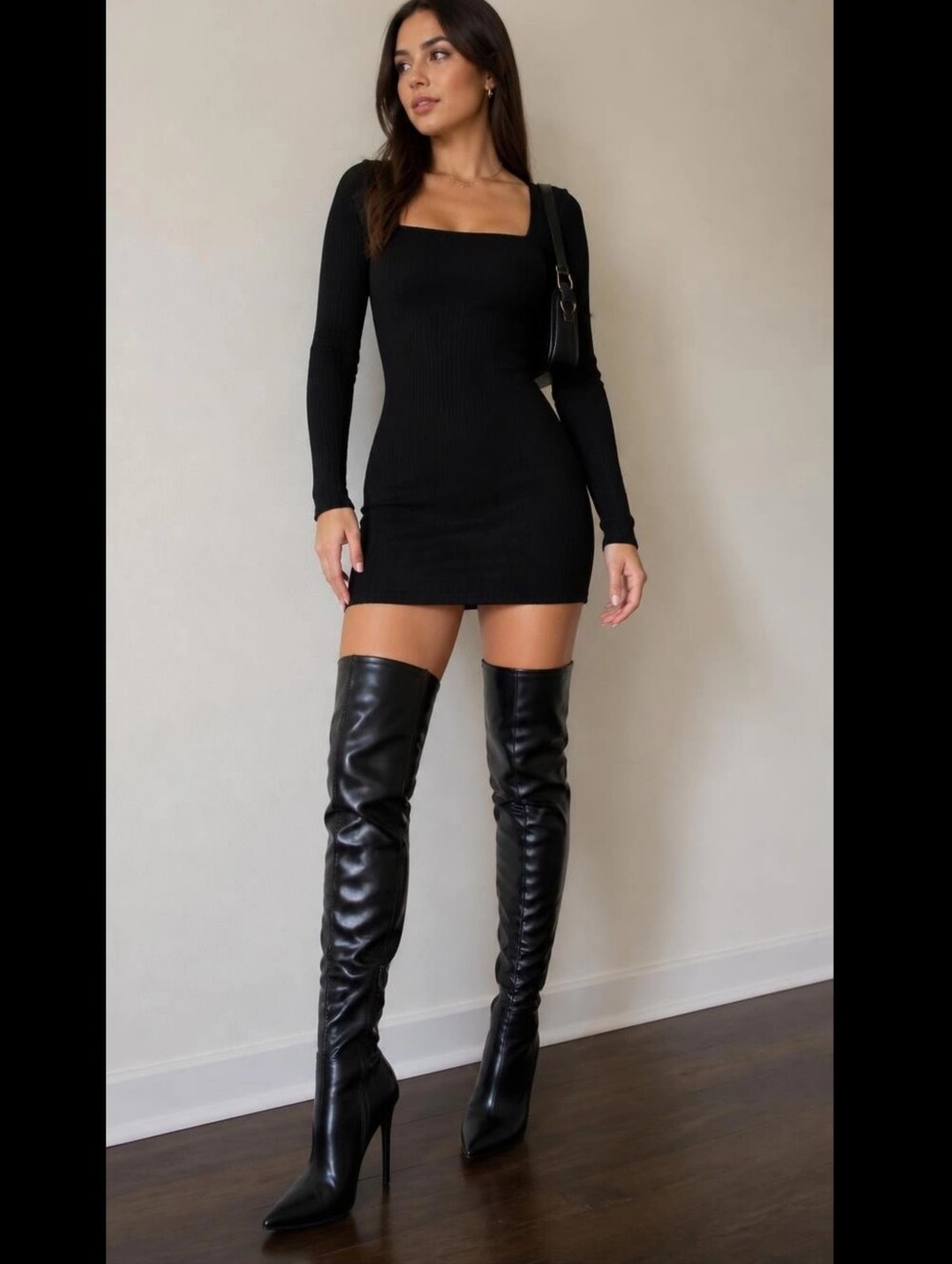 PrettyLittleThing Black Faux Leather Thigh High Stiletto Boots Pointed Toe Size